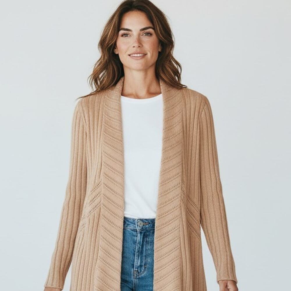Chicos Cardigan Sweater Womens M or 1 Beige Chunky Longer Capsule Classic